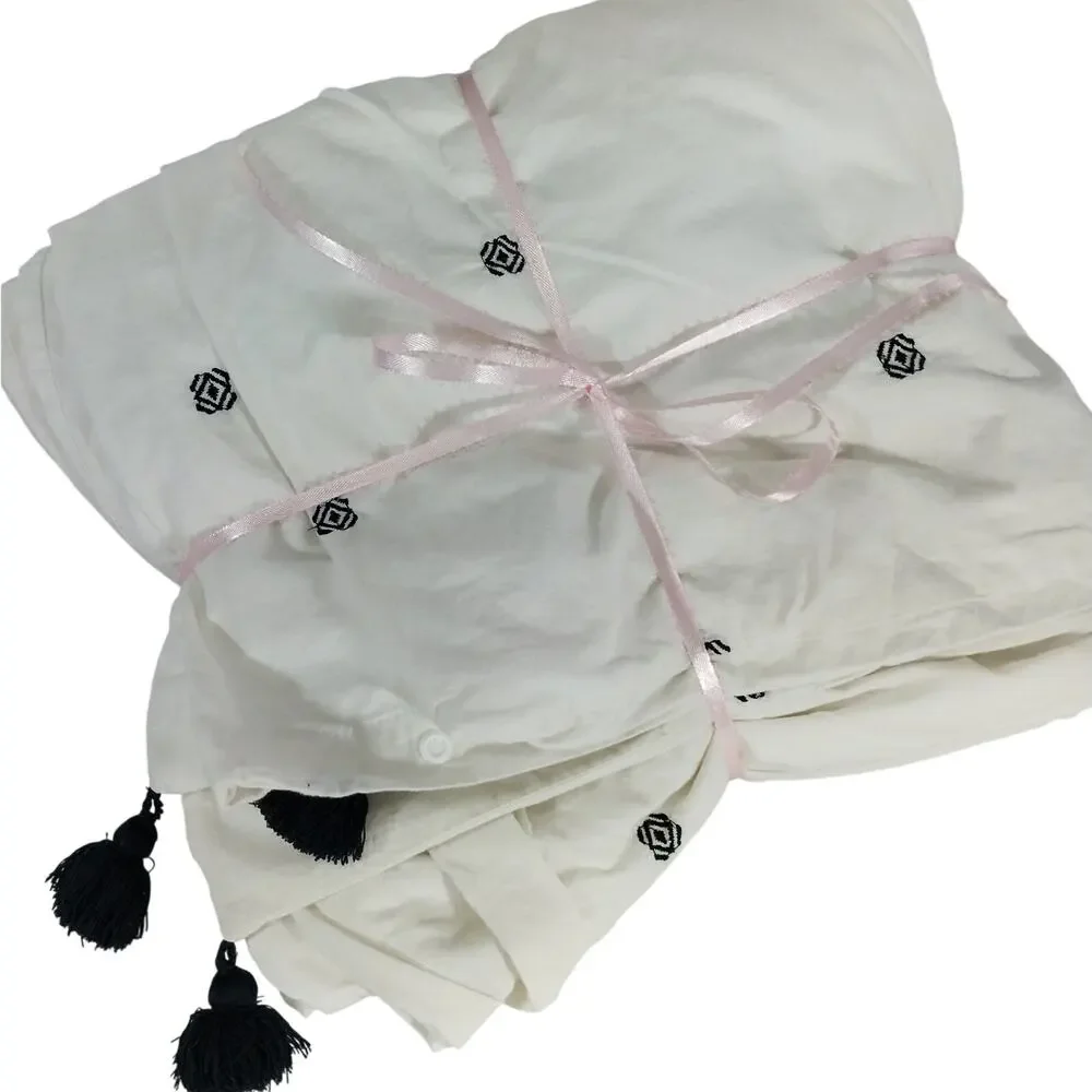 LUXE CREAM & BLACK EMBROIDERED & TASSLED ELEGANT DUVET COVER, 100% COTTON! SZ KG